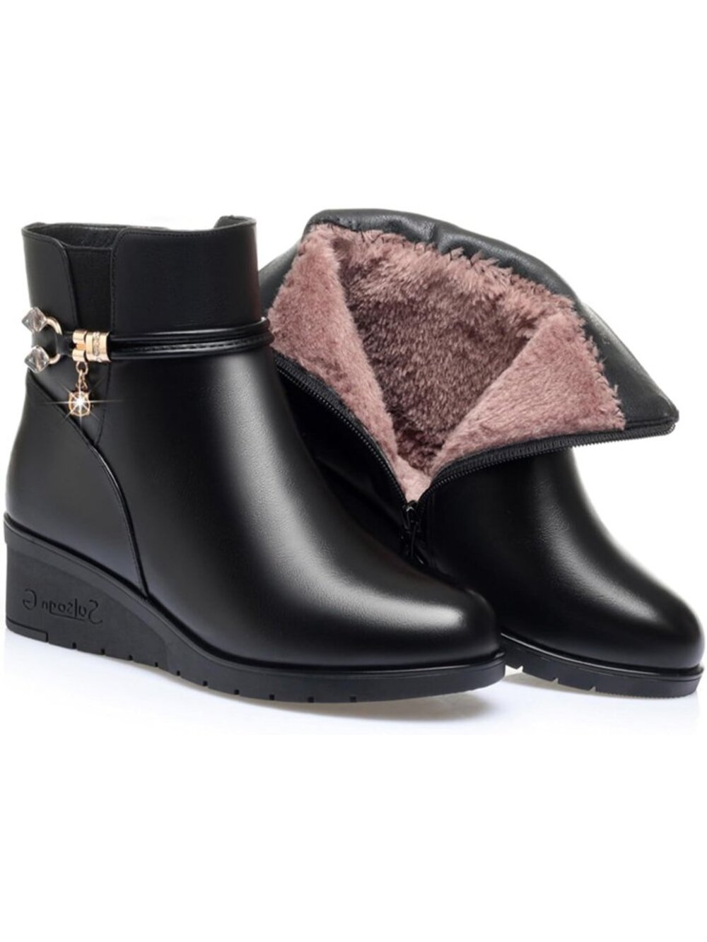 Women's Black Wedge Heel Ankle Booties Leather Platform Sparkling Rhinestones